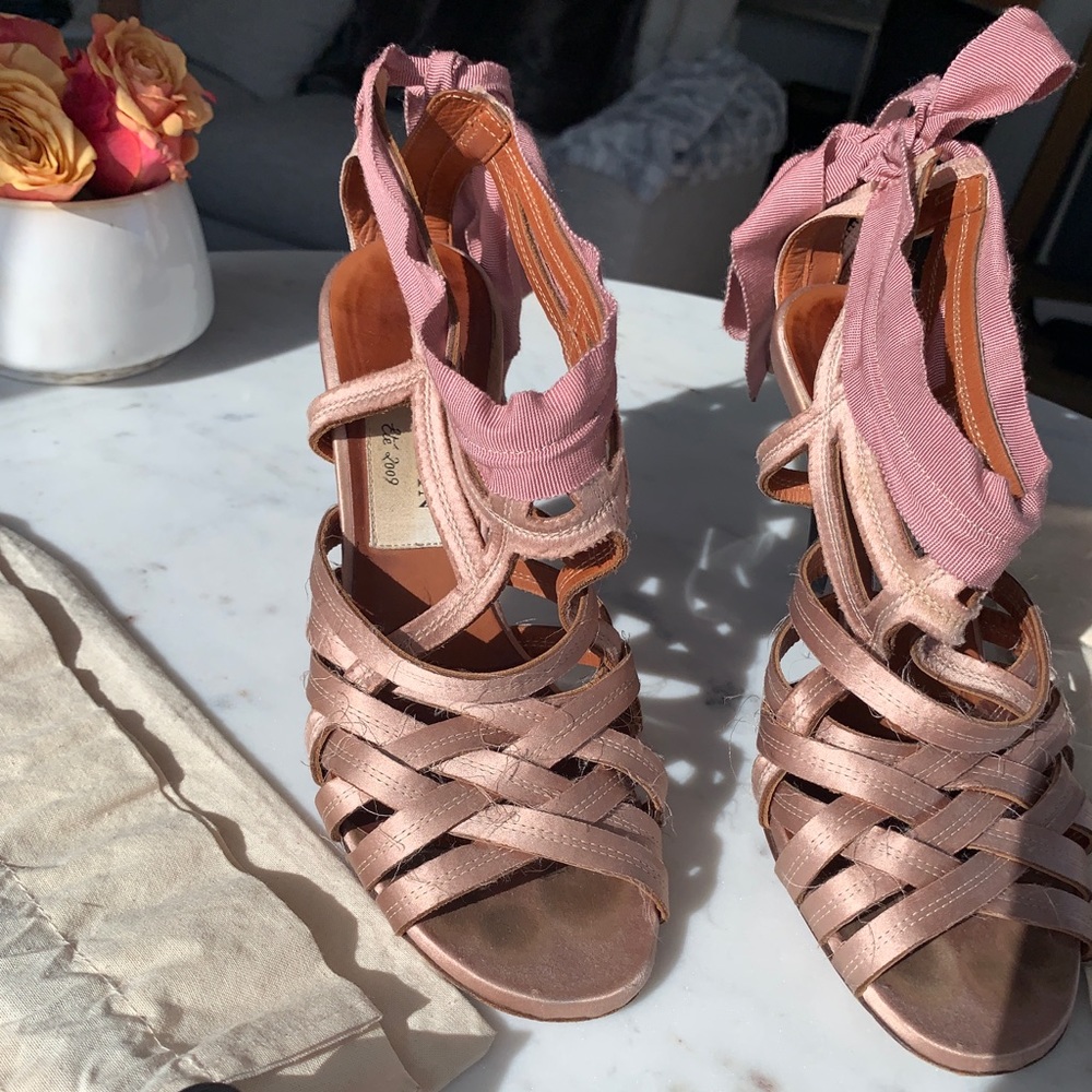 Lanvin silk strappy heels with back bow tie